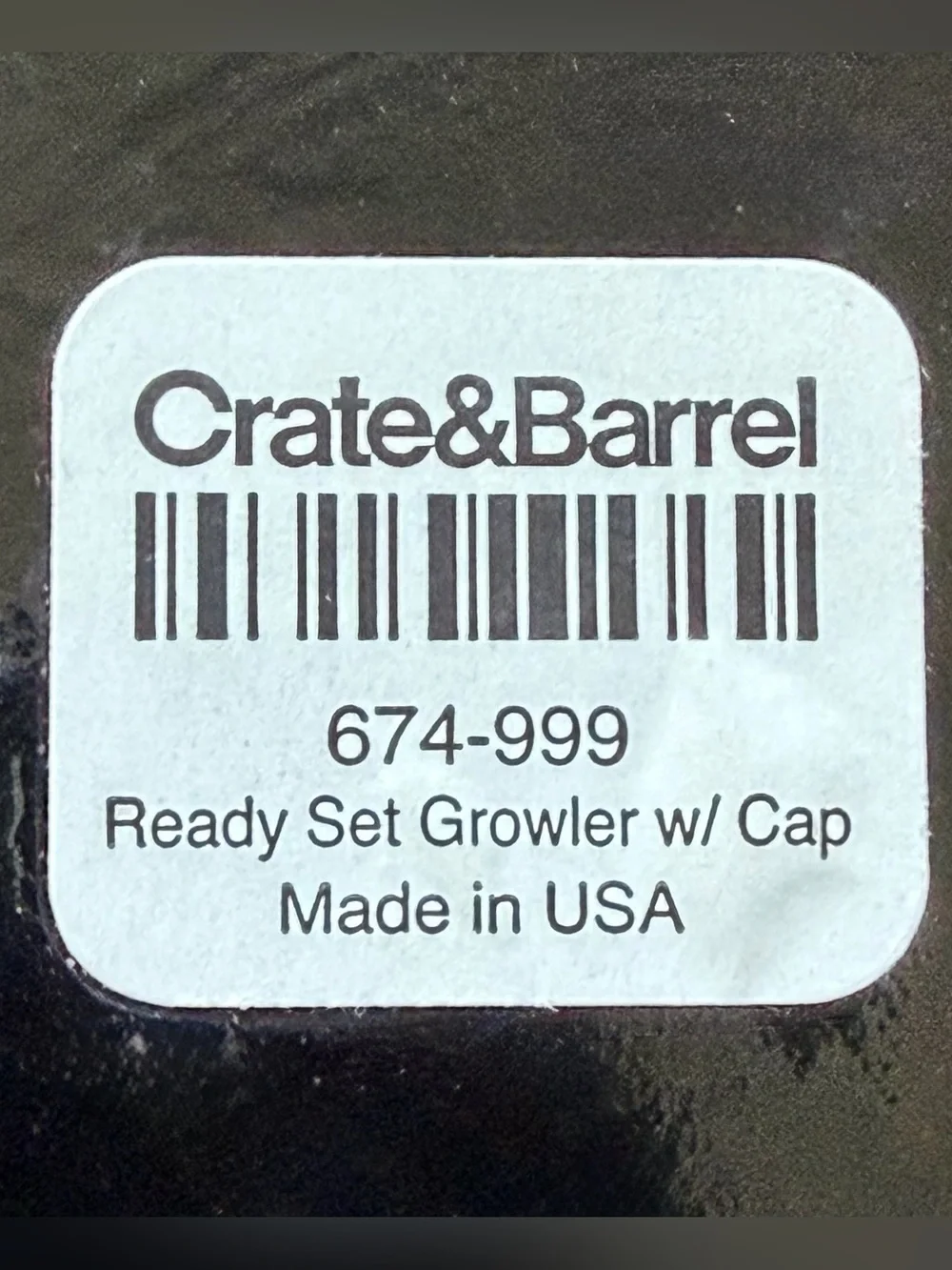 New Crate&Barrel Ready Set Growl! Black Glass 64oz Growler with White Screw-Top